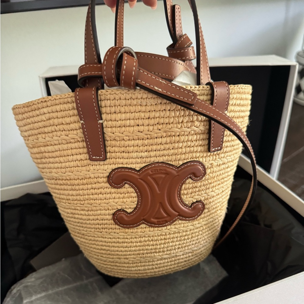 CELINE nano CLASSIC PANIER IN RAFFIA AND calfskin